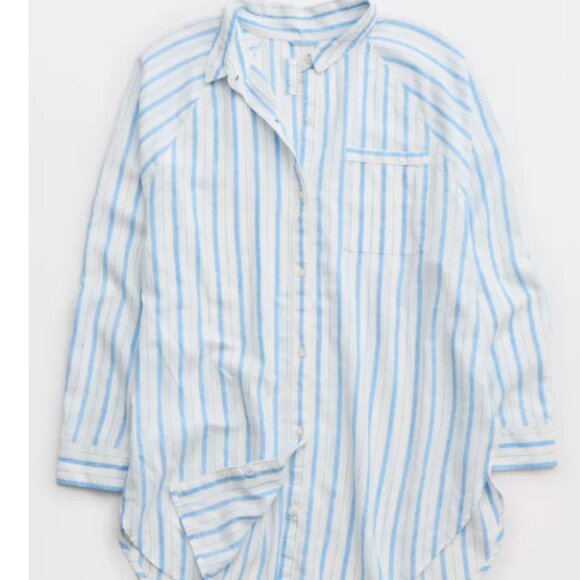 Aerie Linen Blend Coverup Shirt, NWT, Womens, Blue & White, XXS, Oversized - Picture 7 of 7